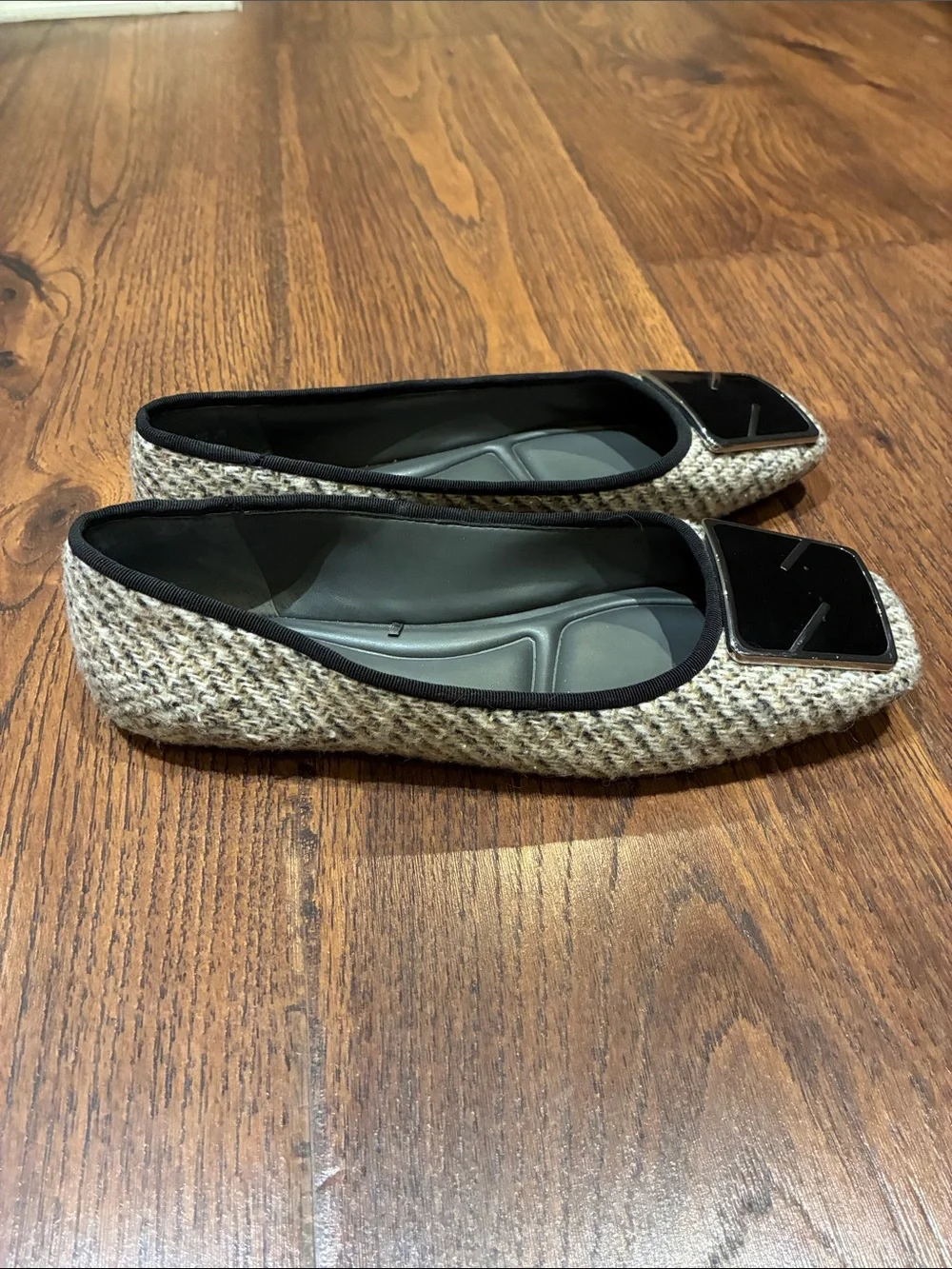 Franco Sarto Beige Tweed Ballet Flats with Black Patent Buckle
